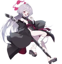 Rule 34 | 1girl, bandaged arm, bandaged foot, bandaged leg, bandages, bare shoulders, bell, black footwear, black nails, blue archive, blush, breasts, detached sleeves, feet, full body, gauze on cheek, gun, halo, hand up, highres, holding, japanese clothes, jingle bell, legs, long hair, long sleeves, looking at viewer, nail polish, obi, obijime, okobo, open mouth, platform footwear, purple eyes, purple sash, red halo, sandals, sash, shuro (blue archive), sideless outfit, simple background, siyumu, small breasts, solo, teeth, toenail polish, toenails, toes, upper teeth only, very long hair, weapon, white background, wide sleeves
