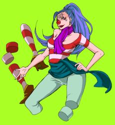 Rule 34 | 1girl, ascot, blue hair, buggy the clown, clown nose, crossbones, detached, disembodied limb, dismembered, facial mark, female focus, full body, genderswap, genderswap (mtf), green background, hand on own hip, hip focus, image sample, looking at viewer, one piece, pirate, pixiv sample, ponytail, red eyes, resized, sash, scarf, shirt, simple background, solo, striped clothes, striped legwear, striped shirt