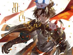 Rule 34 | 1boy, 2024, :3, ;q, absurdres, animalization, arknights, black jacket, black shirt, brown hair, brown horns, chong yue (arknights), closed mouth, confetti, dated commentary, dragon boy, dragon bubble (arknights), dragon horns, dusk (arknights), glint, highres, horns, jacket, jacket on shoulders, kikan (kikanoe), ling (arknights), nian (arknights), one eye closed, open mouth, purple eyes, red eyes, shirt, simple background, smile, tongue, tongue out, upper body, v-shaped eyes, white background