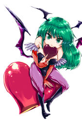 Rule 34 | 1girl, bad id, bad pixiv id, bat wings, boots, breasts, capcom, demon girl, elbow gloves, enigma, enigmatic, fang, fangs, from above, gloves, green hair, head wings, heart, highres, large breasts, long hair, morrigan aensland, pantyhose, sitting, solo, demon girl, vampire (game), wings