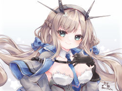 Rule 34 | 1girl, between breasts, black gloves, blue bow, blue capelet, blue necktie, bow, braid, breasts, capelet, dress, french braid, gloves, green eyes, grey capelet, grey dress, hair bow, headgear, highres, kantai collection, light brown hair, long hair, low twintails, maryland (kancolle), medium breasts, multicolored capelet, necktie, necktie between breasts, nekomoto, smile, solo, twintails