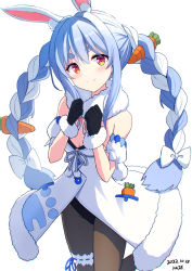 Rule 34 | 1girl, animal ears, bare shoulders, black gloves, black leotard, blue hair, blush, bow, braid, brown pantyhose, carrot hair ornament, closed mouth, commentary request, dated, don-chan (usada pekora), dress, fake animal ears, food-themed hair ornament, fur-trimmed dress, fur-trimmed gloves, fur trim, gloves, hair between eyes, hair bow, hair ornament, head tilt, highres, hololive, kaie, leotard, looking at viewer, multicolored hair, pantyhose, rabbit ears, rabbit tail, red eyes, signature, simple background, smile, solo, strapless, strapless dress, strapless leotard, twin braids, twintails, two-tone hair, usada pekora, usada pekora (1st costume), virtual youtuber, white background, white bow, white dress, white hair