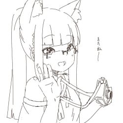 Rule 34 | 1girl, :d, animal ear fluff, animal ears, camera, camera around neck, fox ears, glasses, greyscale, holding, holding camera, kono iroha, kuro kosyou, long hair, looking at viewer, monochrome, off shoulder, open mouth, original, ponytail, shirt, sidelocks, simple background, smile, solo, translation request, upper body, white background