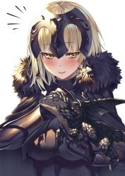 1girl armor armored_dress black_dress blonde_hair blush breasts dragon dress fate/grand_order fate_(series) heirou highres jeanne_d&#039;arc_(fate) jeanne_d&#039;arc_alter_(avenger)_(fate) jeanne_d&#039;arc_alter_(fate) motion_lines short_hair simple_background smile yellow_eyes