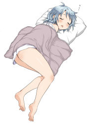Rule 34 | 1girl, barefoot, blanket, blue hair, blush, comic studio, closed eyes, no pants, official art, pillow, sekai ichiko, sleeping, solo, ubizo, zzz