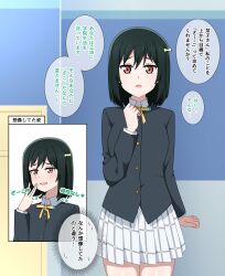 1girl :d absurdres arm_at_side black_jacket bob_cut breasts clenched_hand collared_shirt commentary_request cowboy_shot d: dress_shirt green_hair hair_ribbon hand_up highres hoenn_(jgm1102) indoors jacket long_sleeves love_live! love_live!_nijigasaki_high_school_idol_club medium_breasts mifune_shioriko miniskirt multiple_views neck_ribbon nijigasaki_school_uniform open_mouth orange_eyes plaid_clothes plaid_skirt pleated_skirt ribbon school_uniform shirt short_hair skirt smile speech_bubble sweat swept_bangs translation_request white_shirt white_skirt winter_uniform yellow_ribbon zako_(phrase)