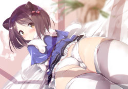 Rule 34 | 10s, 1girl, :o, ass, bad id, bad pixiv id, brown hair, cameltoe, capelet, draph, granblue fantasy, hair bobbles, hair ornament, hairband, horns, looking at viewer, looking back, lying, noto kurumi, on stomach, panties, shortstack, solo, swept bangs, thighhighs, twitter username, underwear, white panties, white thighhighs, yaia (granblue fantasy), yellow eyes