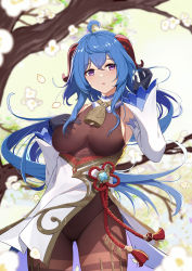 Rule 34 | 1girl, absurdres, ahoge, bell, black gloves, blue hair, blurry, blurry foreground, blush, bodystocking, breasts, chinese knot, cowbell, cowboy shot, crossed bangs, detached collar, detached sleeves, falling petals, flower, ganyu (genshin impact), genshin impact, gloves, goat horns, hand on own chest, highres, horns, l.tea, large breasts, long hair, long sleeves, looking at viewer, open mouth, outdoors, pelvic curtain, petals, purple eyes, sideboob, sidelocks, solo, standing, tassel, thighs, tree, vision (genshin impact), white flower, wide sleeves