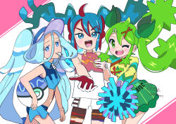 Rule 34 | absurdres, blue eyes, blue hair, creatures (company), fire miku (project voltage), game freak, gloves, grass miku (project voltage), green eyes, green hair, hatsune miku, highres, nintendo, official alternate costume, pokemon, pom pom (cheerleading), project voltage, sheyona, twintails, vocaloid, water miku (project voltage)