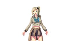 Rule 34 | 1girl, aotonbo, blonde hair, blue eyes, breasts, clothes around waist, female focus, game cg, large breasts, legs, long hair, looking at viewer, midriff, navel, ohanabatakerun, open mouth, school uniform, side ponytail, simple background, skirt, smile, solo, standing, thighs, white background, xx of the dead