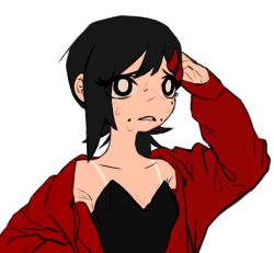 Rule 34 | 1girl, arm up, black hair, black leotard, breasts, chainsaw man, flat color, gurumo (twitter), hair ornament, hairclip, hand to head, higashiyama kobeni, highres, jacket, leotard, looking to the side, mole, mole under eye, mole under mouth, red jacket, short ponytail, simple background, single sidelock, small breasts, solo, strapless, strapless leotard, sweat, tan, tanline, white background