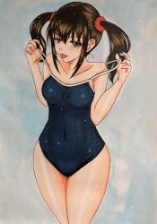 Rule 34 | 1girl, :3, blue background, blue one-piece swimsuit, blush, breasts, brown eyes, brown hair, collarbone, highres, kirisute, long hair, medium breasts, one-piece swimsuit, school swimsuit, smile, standing, strap pull, swimsuit, tongue, tongue out, twintails