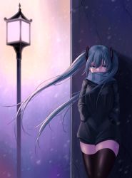 Rule 34 | 1girl, black sweater, black thighhighs, blue eyes, blue hair, blurry, breasts, cloel, cold, covered mouth, cowboy shot, crack, depth of field, floating hair, hair between eyes, hair ornament, hands in pockets, hatsune miku, highres, lamppost, long hair, long sleeves, looking at viewer, looking away, looking to the side, matching hair/eyes, medium breasts, motion blur, night, outdoors, scarf, scarf over mouth, shiny clothes, snowing, solo, striped clothes, striped scarf, sweater, thighhighs, twintails, very long hair, vocaloid, waiting, wall, wind, winter