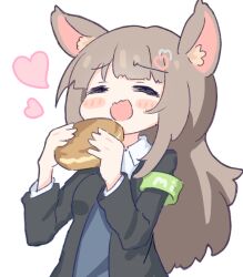 Rule 34 | 1girl, ai-chan (misskey.io), animal ear fluff, animal ears, armband, black jacket, blazer, blush stickers, bread, breasts, brown hair, cat ears, cat girl, closed eyes, collared shirt, commentary request, cosplay, fluff, food, green armband, hair ornament, heart, heart hair ornament, holding, holding food, jacket, layered sleeves, long hair, long sleeves, medium breasts, misskey.io, open clothes, open jacket, open mouth, shirt, simple background, solo, syuilo (misskey.io), syuilo (misskey.io) (cosplay), umihio, upper body, white background, white shirt