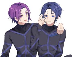 Rule 34 | 2boys, black bodysuit, blue eyes, blue hair, blue lock, bodysuit, closed mouth, comb, hand on another&#039;s shoulder, hand up, highres, holding, holding comb, isagi yoichi, koumimi, long sleeves, looking at viewer, male focus, mikage reo, multiple boys, open mouth, parted bangs, purple eyes, purple hair, short eyebrows, short hair, simple background, sleeves past wrists, smile, upper body, white background