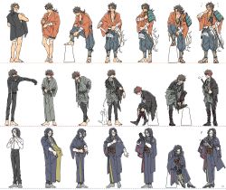 Rule 34 | 3boys, ^ ^, armor, bandages, belt, black gloves, black hair, black pants, boots, brown hair, cat, closed eyes, collared shirt, dressing, closed eyes, glasses, gloves, grin, highres, hizen tadahiro, japanese armor, japanese clothes, katana, kimono, knee boots, kote, male focus, mouth hold, multicolored hair, multiple boys, mutsu-no-kami yoshiyuki, nankaitarou chouson, pants, red hair, sandals, sheath, sheathed, shirt, shoulder armor, smile, sode, sunagoke, sword, touken ranbu, two-tone hair, weapon