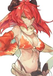 Rule 34 | 10s, 1girl, absurdres, bare shoulders, breasts, character request, closed mouth, commentary request, detached sleeves, highleg, highleg panties, highres, horns, large breasts, looking at viewer, maerchen maedchen, muchi maro, navel, panties, red hair, rope, simple background, smile, solo, underwear, upper body, white background, yellow eyes