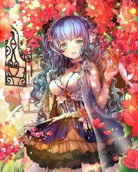 Rule 34 | 1girl, bad id, bad pixiv id, beads, blue hair, bow, bracelet, breasts, brick wall, bug, butterfly, corset, cowboy shot, cross-laced clothes, dappled sunlight, dress, flower, frills, glint, grass, green eyes, hair flower, hair ornament, hair ribbon, headdress, holding, insect, jacket, jewelry, large breasts, long hair, miemia, official art, outdoors, parted lips, pink bow, pink flower, plant, red flower, ribbon, see-through, sleeveless, sleeveless dress, solo, sparkle, sunlight, tenkuu no crystalia, thighhighs