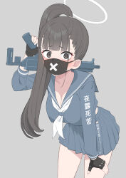Rule 34 | 1girl, black eyes, black hair, black mask, blue archive, blush, breasts, gloves, grey background, gun, halo, highres, large breasts, long hair, looking at viewer, mask, mouth mask, ponytail, school uniform, serafuku, sig mpx, sig sauer, simple background, skirt, solo, submachine gun, sukeban (smg) (blue archive), weapon, wt zeroyama