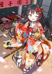 Rule 34 | 1girl, ;d, black hair, blush, brown eyes, cat, cherry blossoms, commentary request, dango, floral print, flower, food, food stand, hair flower, hair ornament, japanese clothes, kimono, kiya machi, long hair, long sleeves, looking at viewer, mochi, one eye closed, open mouth, original, petals, pouch, sandals, sash, smile, solo, market stall, standing, tabi, very long hair, wagashi, white legwear, wide sleeves