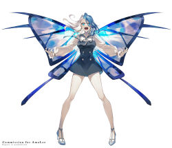 Rule 34 | 1girl, bare legs, blue eyes, blue hair, blue nails, breasts, butterfly wings, commission, dress, earrings, floating hair, full body, gold earrings, high heels, indie virtual youtuber, insect wings, jewelry, large breasts, large wings, legs apart, long sleeves, looking at viewer, monarch (amalee), multicolored hair, nail polish, neck ribbon, open mouth, outstretched arms, puffy sleeves, ribbon, short dress, shouting, simple background, solo, split-color hair, standing, thighs, two-tone hair, v-shaped eyebrows, virtual youtuber, watermark, white background, white hair, wings, yu pa u