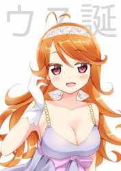 Rule 34 | 1girl, antenna hair, breasts, cleavage, gloves, long hair, looking at viewer, okanoyuno, open mouth, orange hair, red eyes, simple background, solo, tokyo 7th sisters, usuta sumire