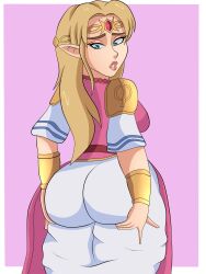 Rule 34 | 1girl, absurdres, ass, ass focus, ass grab, ass support, blonde hair, blue eyes, blueart, breasts, circlet, clothing aside, dress, dress aside, from behind, highres, huge ass, large breasts, long hair, looking back, looking down, nintendo, pants, pointy ears, princess zelda, sideboob, solo, super smash bros., the legend of zelda, the legend of zelda: a link to the past