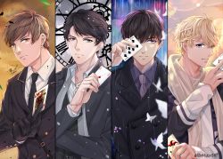Rule 34 | 4boys, ace (playing card), ace of diamonds, bai qi (love and producer), black gloves, black hair, black necktie, black suit, blonde hair, blue eyes, brown eyes, brown hair, bug, butterfly, card, clock, diamond (shape), dual wielding, formal, gloves, grey necktie, hand up, highres, holding, holding card, insect, jack (playing card), jack of hearts, jacket, joker (playing card), li zeyan, long sleeves, looking at viewer, love and producer, male focus, multiple boys, necktie, playing card, rinmidori147, short hair, suit, white butterfly, xu mo, zhou quiluo