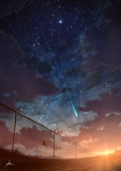 Rule 34 | alu.m (alpcmas), chain-link fence, cloud, cloudy sky, commentary request, fence, fisheye, highres, night, night sky, no humans, original, outdoors, scenery, shooting star, signature, sky, star (sky), starry sky, sunlight, sunrise, tree