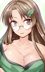 Rule 34 | 1girl, breasts, brown eyes, brown hair, bust cup, cleavage, female focus, futatsuiwa mamizou, futatsuiwa mamizou (human), glasses, highres, large breasts, leaf, leaf on head, light smile, lips, pince-nez, sketch, smile, solo, tongue, tongue out, touhou, y2