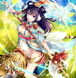Rule 34 | 1girl, animal, axe, blush, breasts, cleavage, cleavage cutout, clothing cutout, day, gari (apollonica), highres, holding, holding axe, long hair, looking at viewer, medium breasts, open mouth, original, outdoors, purple eyes, purple hair, smile, teeth, tiger