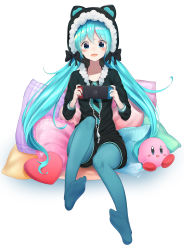 Rule 34 | 1girl, :d, animal hood, aqua hair, bib (bibboss39), black bow, black hoodie, black shorts, blue eyes, blue pantyhose, blush, bow, collarbone, commentary request, fang, feet, fur trim, game console, hatsune miku, heart, highres, holding, hood, hoodie, kirby, kirby (series), long hair, long sleeves, looking down, nail polish, necktie, nintendo, nintendo switch, no shoes, open mouth, pantyhose, partially unzipped, pillow, short shorts, shorts, sitting, smile, striped neckwear, twintails, very long hair, vocaloid, white background, zipper