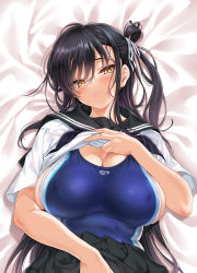 Rule 34 | 1girl, black hair, black sailor collar, black skirt, blue one-piece swimsuit, blush, breasts, cle masahiro, cleavage, clothes lift, competition swimsuit, covered erect nipples, highres, large breasts, long hair, looking at viewer, lying, on back, one-piece swimsuit, one side up, original, parted lips, sailor collar, shirt, shirt lift, short sleeves, sideboob, skirt, solo, swimsuit, white shirt, yellow eyes