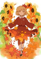 Rule 34 | 1girl, aki shizuha, black footwear, blonde hair, bob cut, bobby socks, brown shirt, brown skirt, buttons, closed mouth, collared shirt, curly hair, floral background, floral print, flower, full body, hair ornament, highres, kerok (joniko1110), leaf, leaf hair ornament, leaf on head, light smile, loafers, long sleeves, looking at viewer, maple leaf, outstretched arms, petals, shirt, shoes, short hair, skirt, skirt hold, skirt set, socks, solo, sunflower, swept bangs, touhou, white background, white socks, wide sleeves, yellow eyes