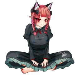 Rule 34 | 1girl, absurdres, animal ears, barefoot, bow, braid, breasts, cat ears, dress, extra ears, hair bow, highres, indian style, kaenbyou rin, large breasts, long hair, long sleeves, nail polish, no tail, red eyes, red hair, red nails, sitting, smile, solo, sugar you, toenail polish, toenails, touhou, twin braids