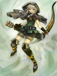 Rule 34 | 1girl, alternate color, arrow (projectile), belt, boots, bow (weapon), braid, brown eyes, cloak, dragon&#039;s crown, elf, elf (dragon&#039;s crown), gloves, highres, hood, hooded cloak, long hair, looking at viewer, nd, pointy ears, shorts, silver hair, smile, solo, thigh boots, thighhighs, twin braids, weapon
