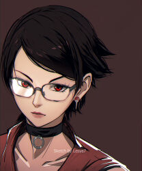 Rule 34 | 1girl, artist name, black choker, boruto: naruto next generations, boruto: two blue vortex, brown background, choker, closed mouth, collarbone, earrings, glasses, highres, jewelry, lesya rei, looking at viewer, naruto (series), portrait, red eyes, simple background, sketch, solo, swept bangs, uchiha sarada