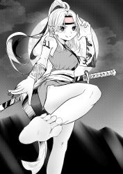 Rule 34 | 1girl, absurdres, barefoot, blush, feet, full moon, headband, highres, licking lips, long hair, looking at viewer, monochrome, moon, ninja, ponytail, soles, sword, toes, tongue, tongue out, weapon