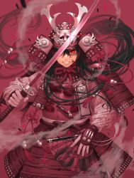 Rule 34 | armor, blood, blood on face, blood splatter, chin strap, dou, glint, gloves, grin, hair between eyes, hand fan, helmet, highres, holding, holding fan, holding sword, holding weapon, japanese armor, kabuto (helmet), kusazuri, long hair, long sleeves, looking at viewer, minami (minami373916), one eye covered, original, red background, red eyes, red theme, rope, samurai, scabbard, sheath, smile, solo, sword, tassel, upper body, very long hair, weapon