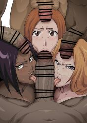 Rule 34 | 3girls, 4boys, :&gt;=, bleach, blue eyes, brown eyes, censored, cooperative fellatio, dark-skinned female, dark-skinned male, dark skin, eye contact, fellatio, highres, inoue orihime, interracial, iwao178, large penis, licking, licking penis, lips, long hair, looking at another, looking at viewer, matsumoto rangiku, multiple boys, multiple girls, open mouth, oral, orange hair, penis, penis on face, penis on head, pov, pubic hair, purple hair, red hair, saliva, saliva trail, shihouin yoruichi, sweat, sweatdrop, teeth, testicles, thick lips, tongue, tongue out, veins, veiny penis, very long hair, yellow eyes