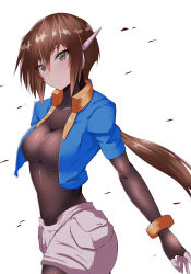 Rule 34 | 1girl, aile (mega man zx), bad id, bad pixiv id, blush, bodysuit, bracelet, brown hair, cowboy shot, cropped jacket, green eyes, hair between eyes, impossible bodysuit, impossible clothes, jewelry, long hair, mega man (series), mega man zx, mega man zx advent, pocket, ponytail, robot ears, short shorts, shorts, simple background, skin tight, solo, tgxx3300, white background, white shorts