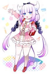 Rule 34 | 10s, 1girl, :o, backpack, bag, beads, black bow, black hairband, blue eyes, blush, bow, capelet, commentary request, dragon girl, dragon horns, dragon tail, dress, frilled capelet, frills, full body, gradient hair, hair beads, hair ornament, hairband, horns, kanna kamui, kobayashi-san chi no maidragon, light purple hair, low twintails, microdress, mosu2, multicolored hair, pink hair, randoseru, solo, tail, thighhighs, thighs, twintails, waving, white background, white thighhighs, zettai ryouiki
