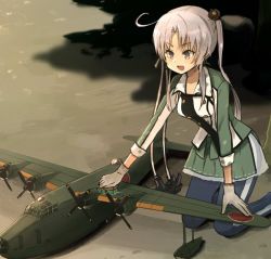 Rule 34 | 10s, 1girl, akitsushima (kancolle), annin musou, bad id, bad twitter id, cleaning, close-up, commentary request, gloves, hair bobbles, hair ornament, jacket, kantai collection, kneeling, long sleeves, military, military uniform, miniskirt, nishikitaitei-chan, open mouth, pants, pants under skirt, pink hair, pleated skirt, propeller, purple eyes, seaplane, shadow, skirt, smile, solo, sponge, uniform