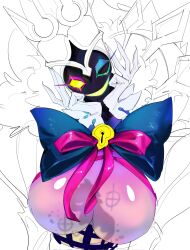 Rule 34 | 1girl, balloon, black eyes, bow, bowtie, breasts, colorful, commentary request, fiddlesticks, fidorubeibi, genderswap, genderswap (mtf), gloves, glowing, glowing mouth, green bow, green bowtie, grey gloves, grin, hands up, highres, large breasts, league of legends, pink ribbon, ribbon, smile, solo, star nemesis fiddlesticks, teeth, upper body, yellow eyes