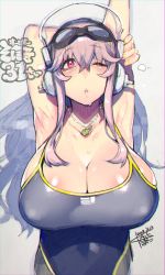 Rule 34 | 1girl, armpits, arms up, blush, breasts, cleavage, commentary request, competition swimsuit, covered erect nipples, dated, goggles, goggles on head, grey background, headphones, highres, huge breasts, long hair, nail polish, namaniku atk, nitroplus, one-piece swimsuit, one eye closed, parted lips, pink eyes, pink hair, red eyes, shiny skin, simple background, solo, super sonico, sweat, swimsuit, upper body