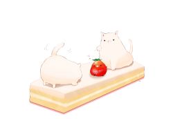 Rule 34 | artist name, bird, cat, chai (drawingchisanne), commentary request, food, food focus, fruit, highres, looking at another, no humans, original, shortcake, simple background, sitting on food, strawberry, white background