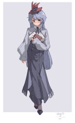 Rule 34 | 1girl, alternate costume, arm at side, bespectacled, black footwear, blush, book, breasts, buttons, chinese commentary, closed mouth, commentary request, double-breasted, fengzhong yuntuan, full body, glasses, grey hair, grey ribbon, grey skirt, hat, highres, holding, holding book, kamishirasawa keine, large breasts, light smile, long hair, long skirt, long sleeves, looking at viewer, neck ribbon, red eyes, ribbon, shirt, shoes, skirt, sleeves past wrists, solo, sweatdrop, touhou, very long hair, white shirt