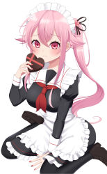 Rule 34 | 1girl, absurdres, alternate costume, apron, black dress, black pantyhose, blush, breasts, brown footwear, closed mouth, dress, enmaided, fingernails, frilled apron, frills, harusame (kancolle), highres, kantai collection, long hair, long sleeves, looking at viewer, maid, maid headdress, medium breasts, nail polish, neckerchief, pantyhose, pink hair, red eyes, red nails, red neckerchief, shoes, side ponytail, simple background, sitting, solo, wariza, white apron, white background, yomogi dango