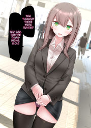 Rule 34 | 1girl, 2boys, black jacket, black skirt, black thighhighs, brown hair, buttons, clothes lift, collared shirt, day, dress shirt, dutch angle, exhibitionism, green eyes, hard-translated, jacket, lifted by self, long hair, long sleeves, multiple boys, multiple others, office lady, oouso, open mouth, original, outdoors, panties, public indecency, purple panties, shirt, skindentation, skirt, skirt lift, speech bubble, standing, thigh gap, thighhighs, third-party edit, translated, underwear