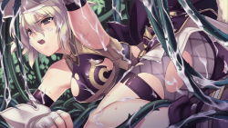 Rule 34 | 1girl, agarest senki, agarest senki (series), agarest senki 2, blonde hair, felenne (agarest senki), fingerless gloves, game cg, gloves, hirano katsuyuki, official art, open mouth, plant, short hair, slime (substance), solo, suggestive fluid, sweat, tentacles, torn clothes, vines